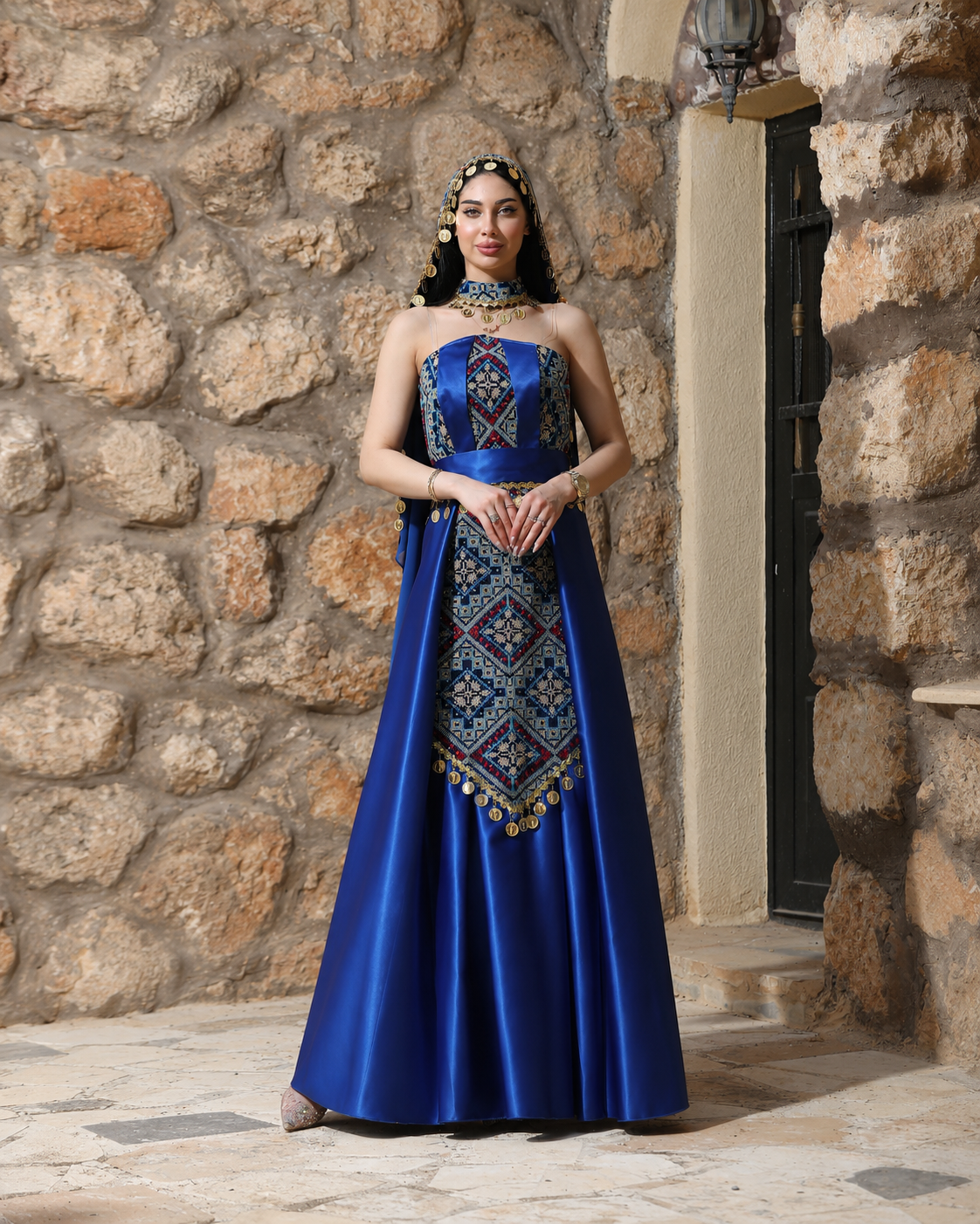 Embroidered henna dress inspired by Palestinian heritage and Tatreez details