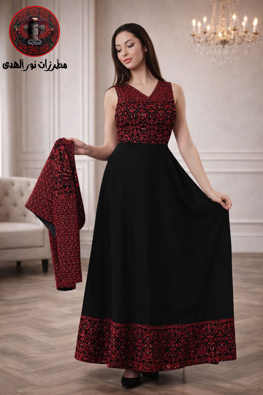 Black Sali embroidered Palestinian thobe with red embroidery, V neckline, long skirt, and matching jacket.
