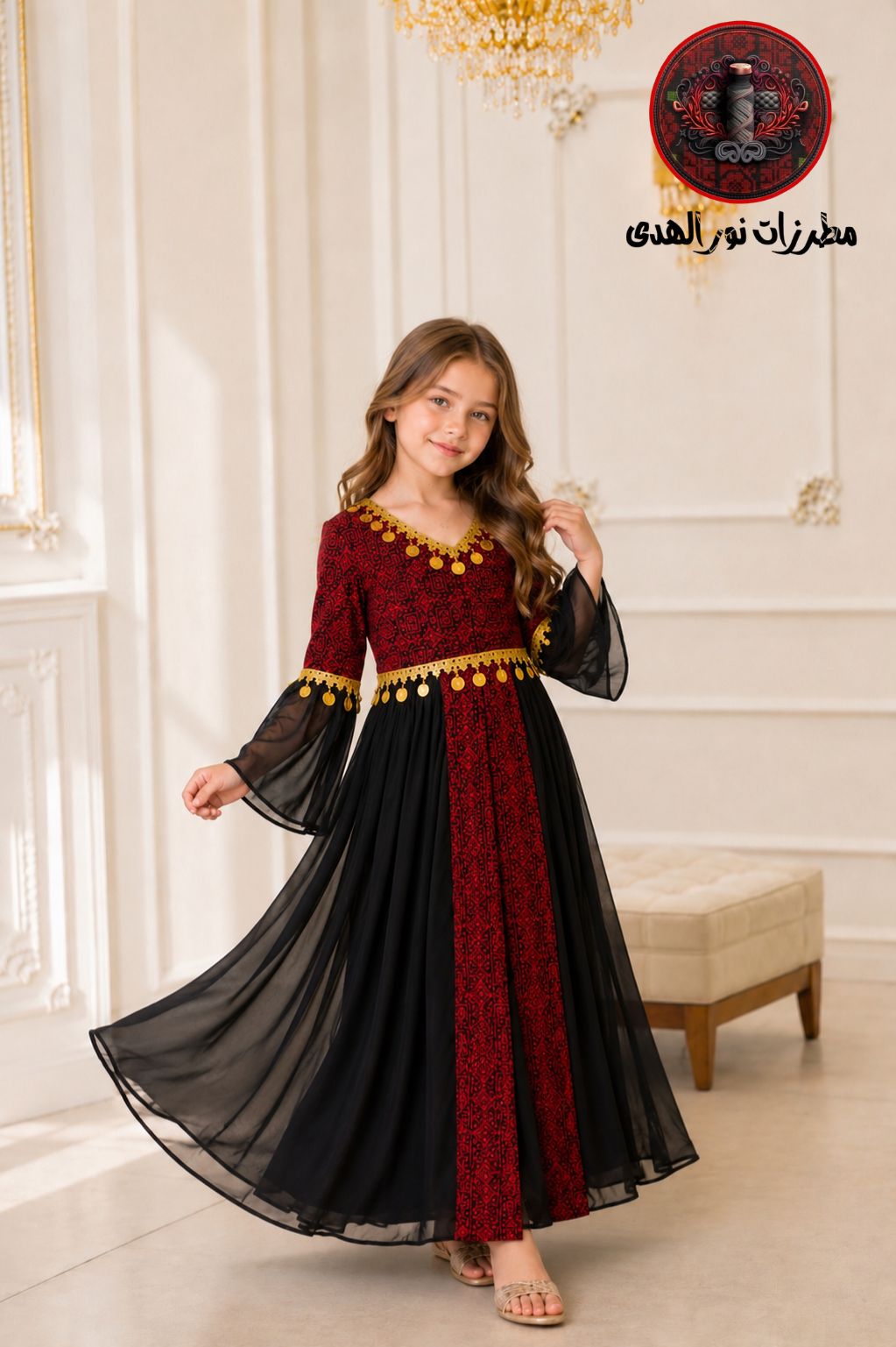 Girl wearing a traditional Palestinian embroidered dress for kids