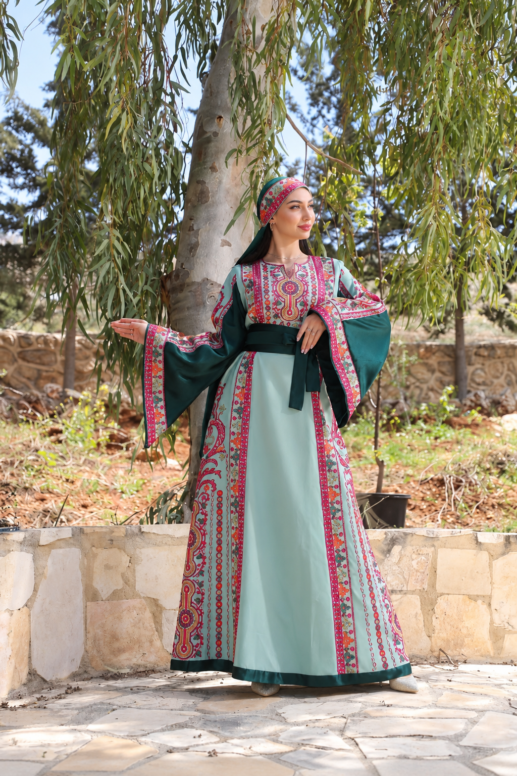 Al Sousana – Palestinian Embroidered Thobe with Matching Embroidered Headpiece in Aghabani Thread