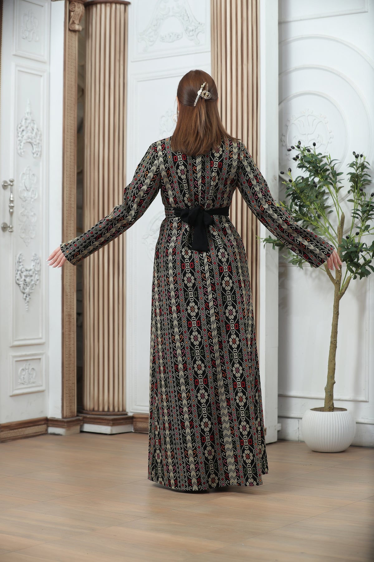 Golden Embroidered Tales Kaftan – Elegant Palestinian Heritage Design