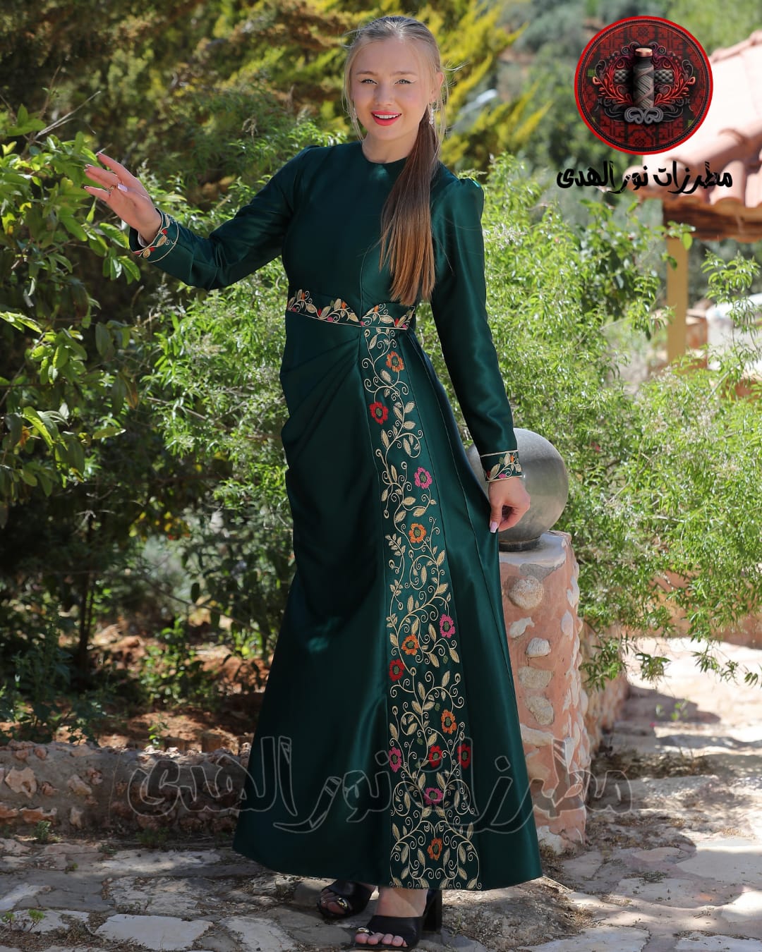 Satin-Look Oriental Embroidered Thobe with Draped Front and Floral Motifs | Al Asala Thobe