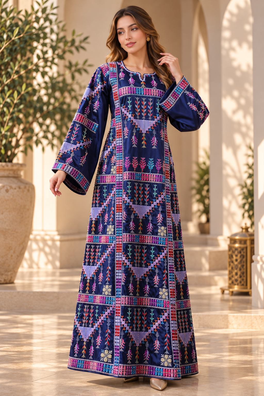 Luxury Talas Satin Embroidered Dress with Beadwork