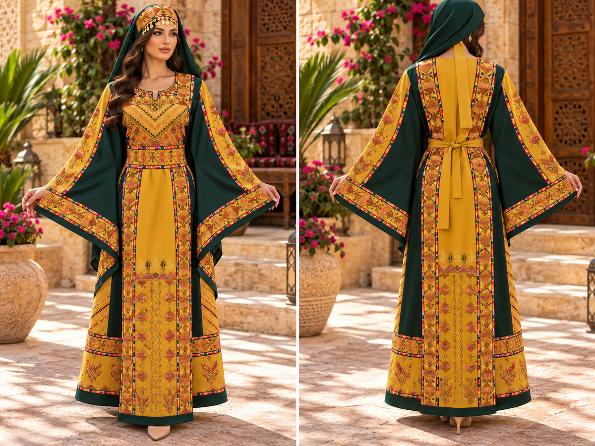 Palestinian Statati Embroidered Dress – Premium Barbie Fabric with Matching Headpiece
