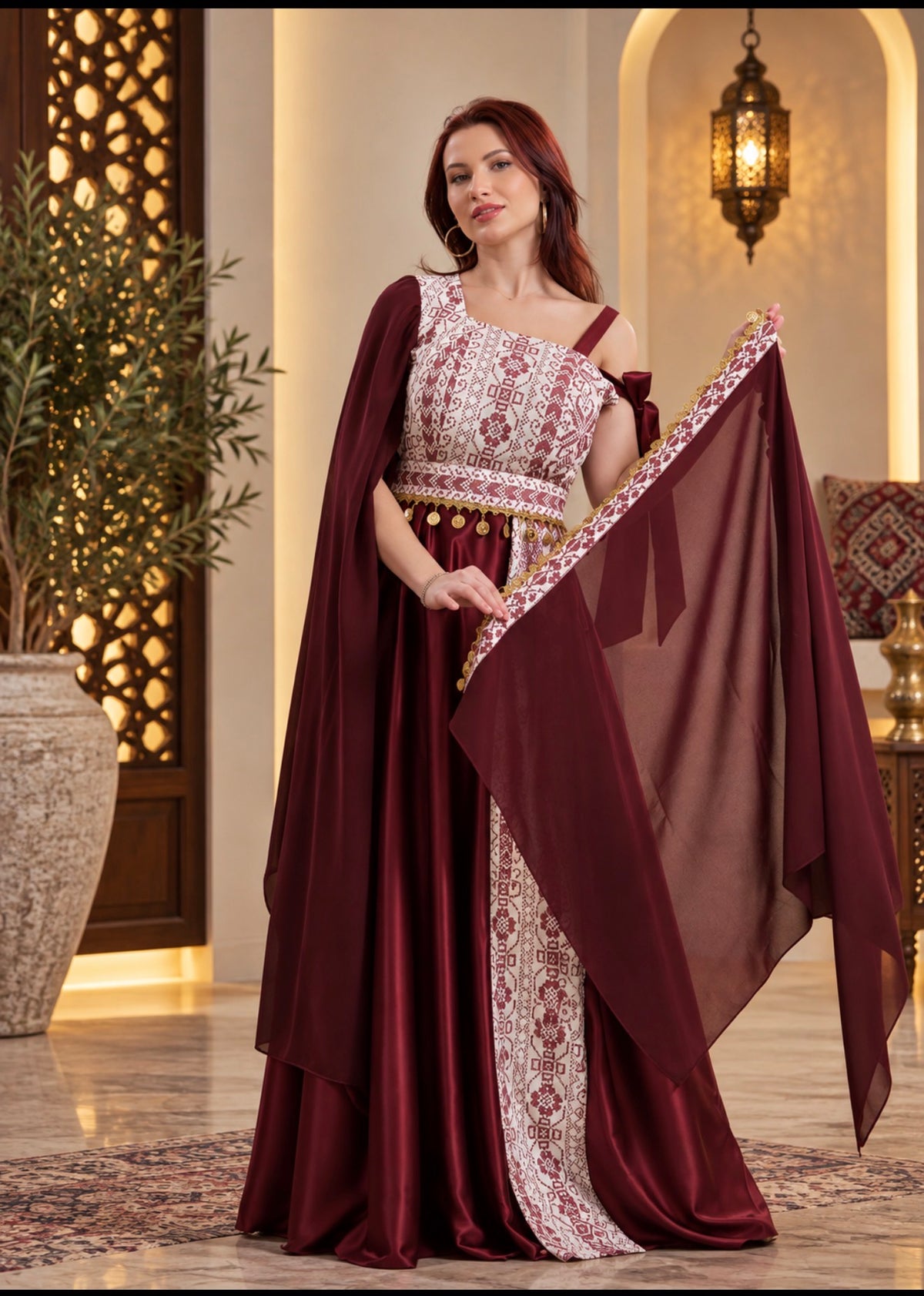 Burgundy Palestinian Embroidered Satin Dress – Elegant Heritage Evening Gown