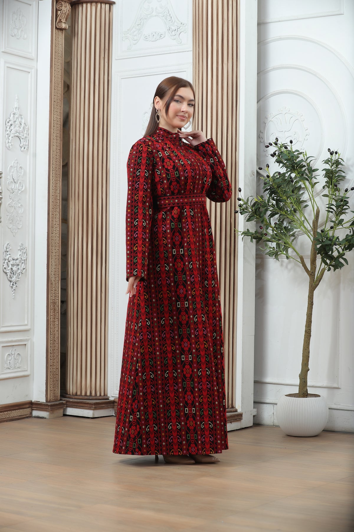 Red Embroidered Tales Kaftan – Elegant Palestinian-Jordanian Heritage Design