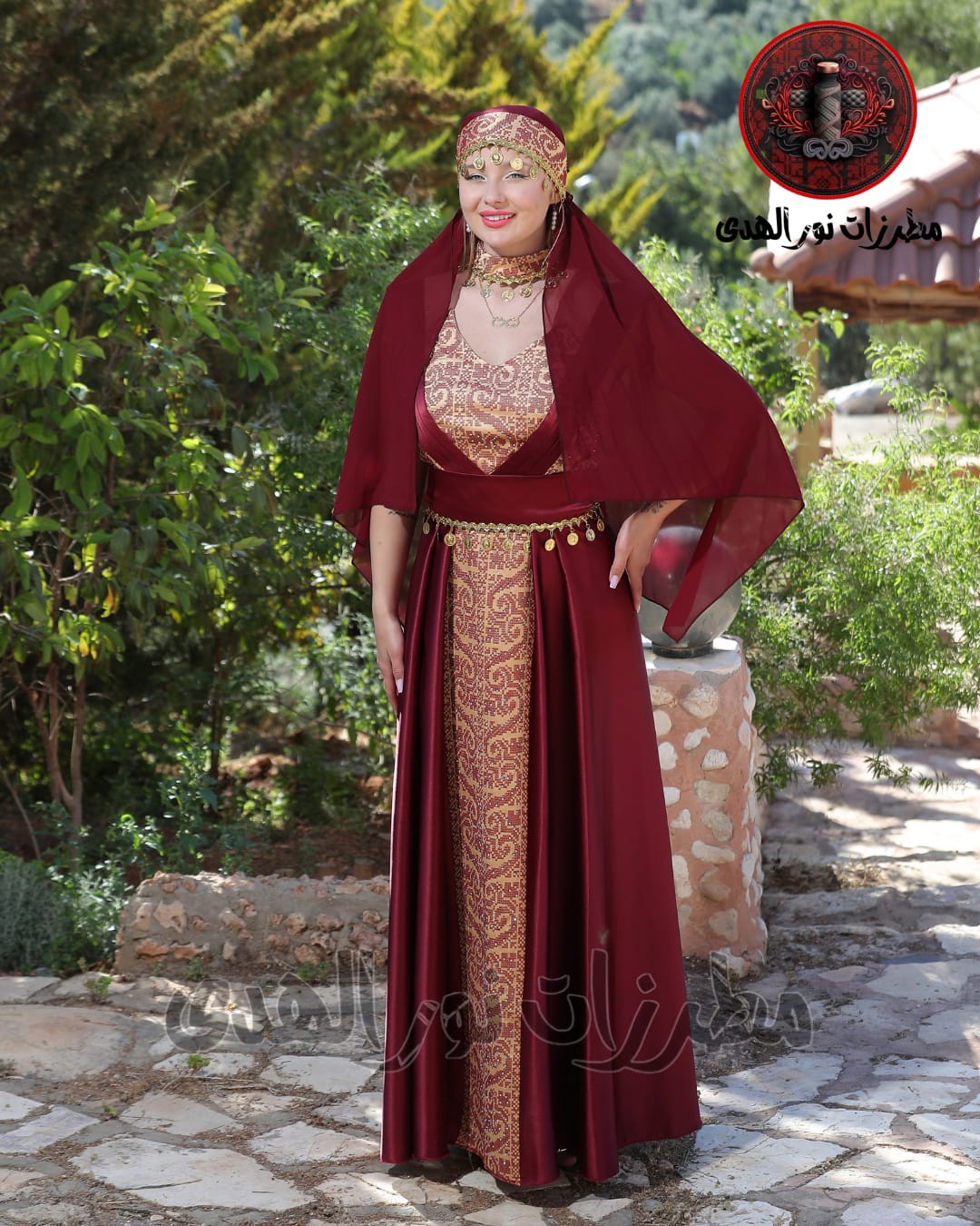 Satin Oriental Embroidered Thobe with Draped Veil Styling and Gold Coin Accents | Al Sundus Thobe