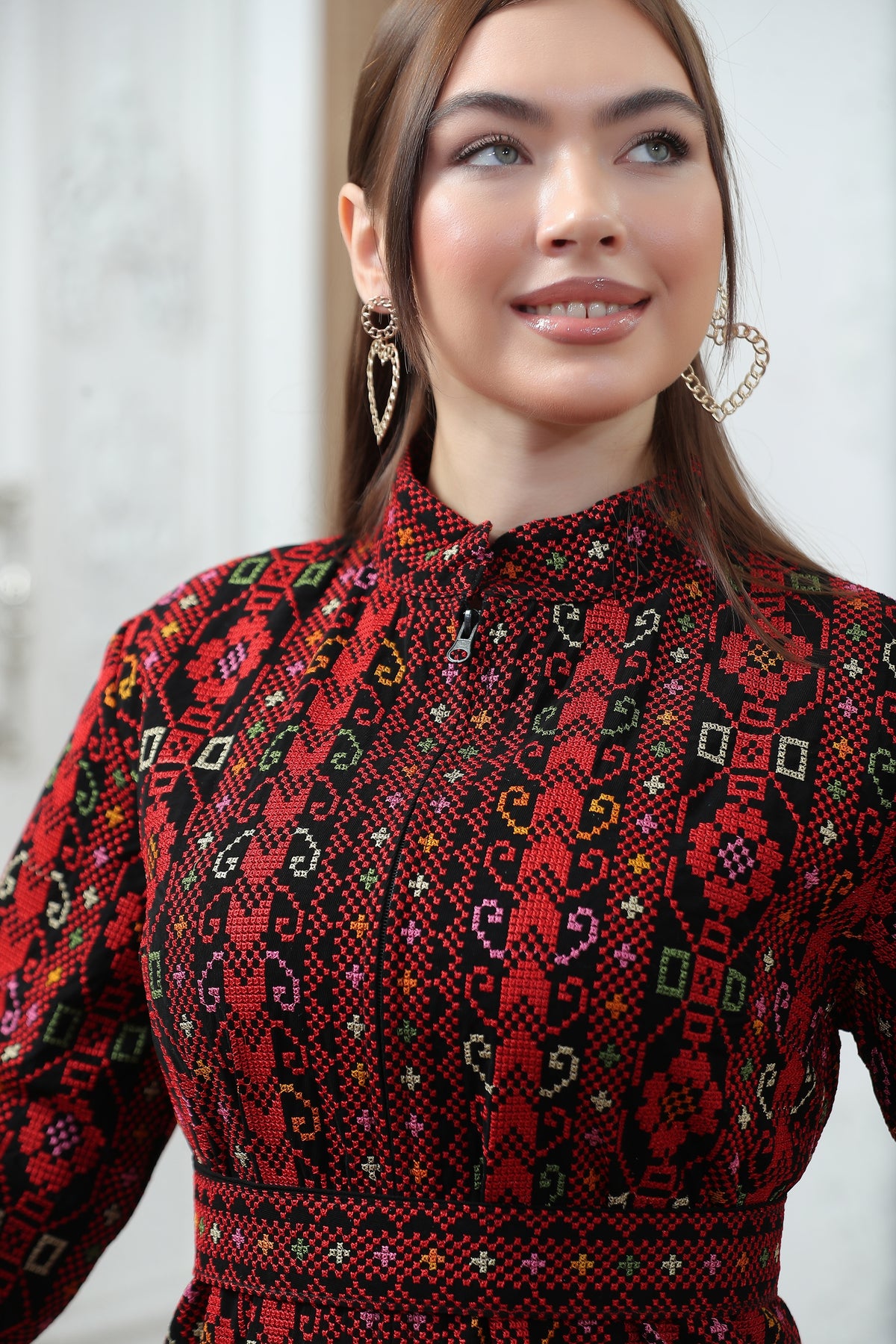 Red Embroidered Tales Kaftan – Elegant Palestinian-Jordanian Heritage Design