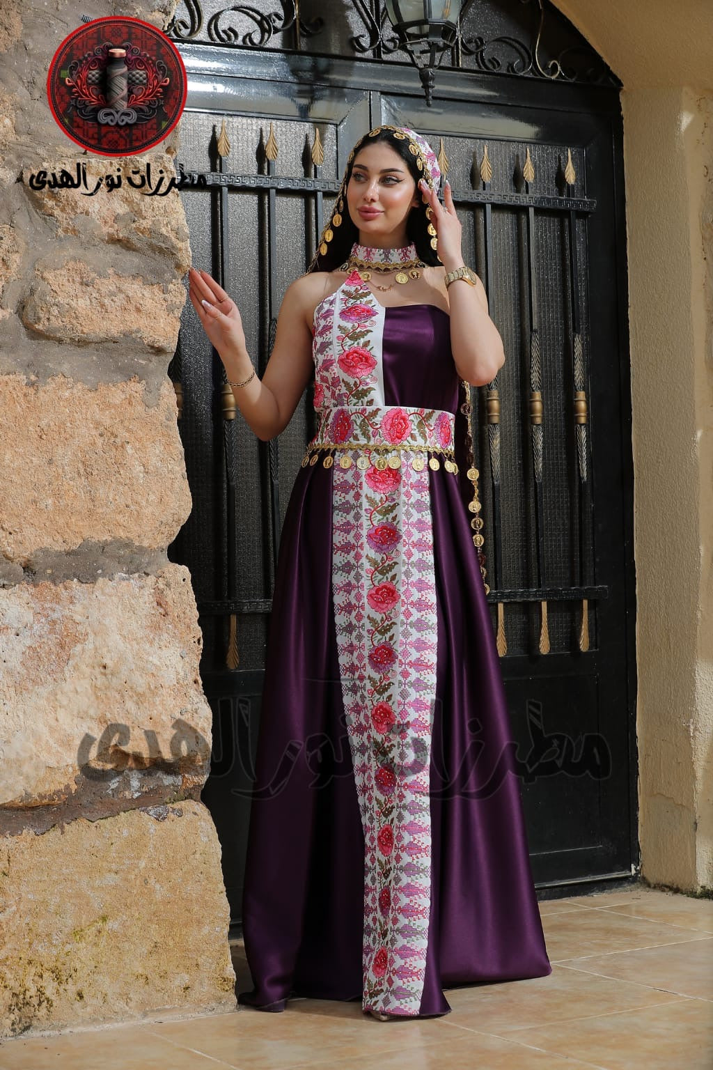 Satin Oriental Embroidered Henna Dress with Traditional Coin Details | Luluat Al-Sham Dress