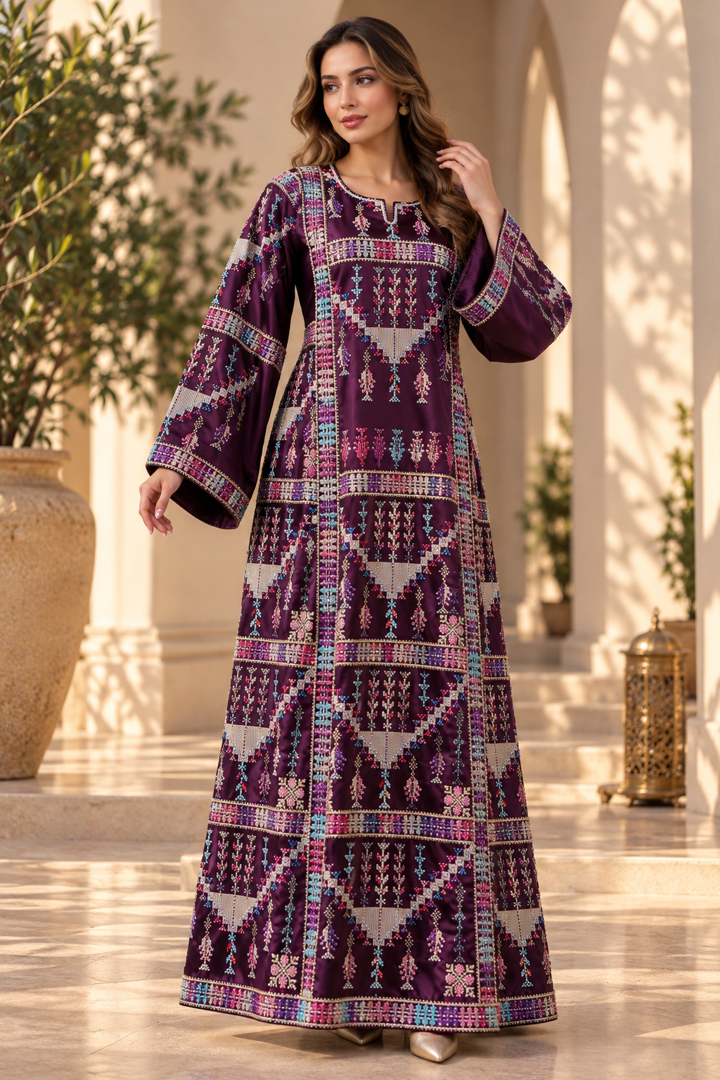 Luxury Talas Satin Embroidered Dress with Beadwork