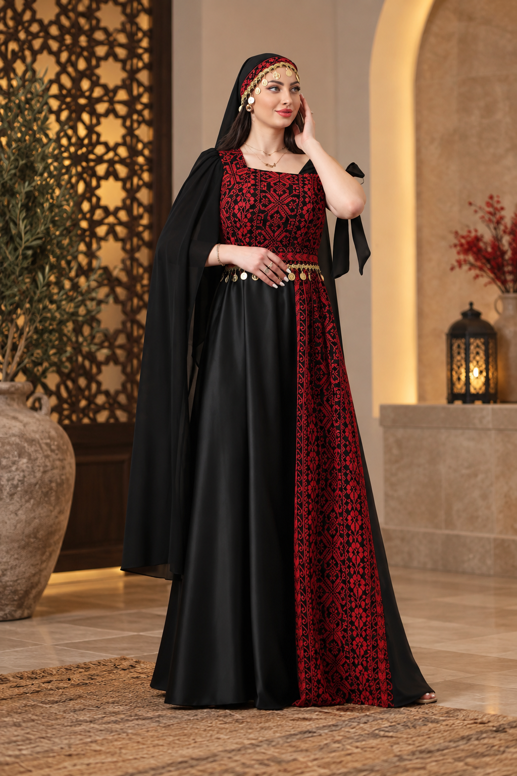 Embroidered Henna Bride Dress – Black & Red Satin with Embroidered Head Piece