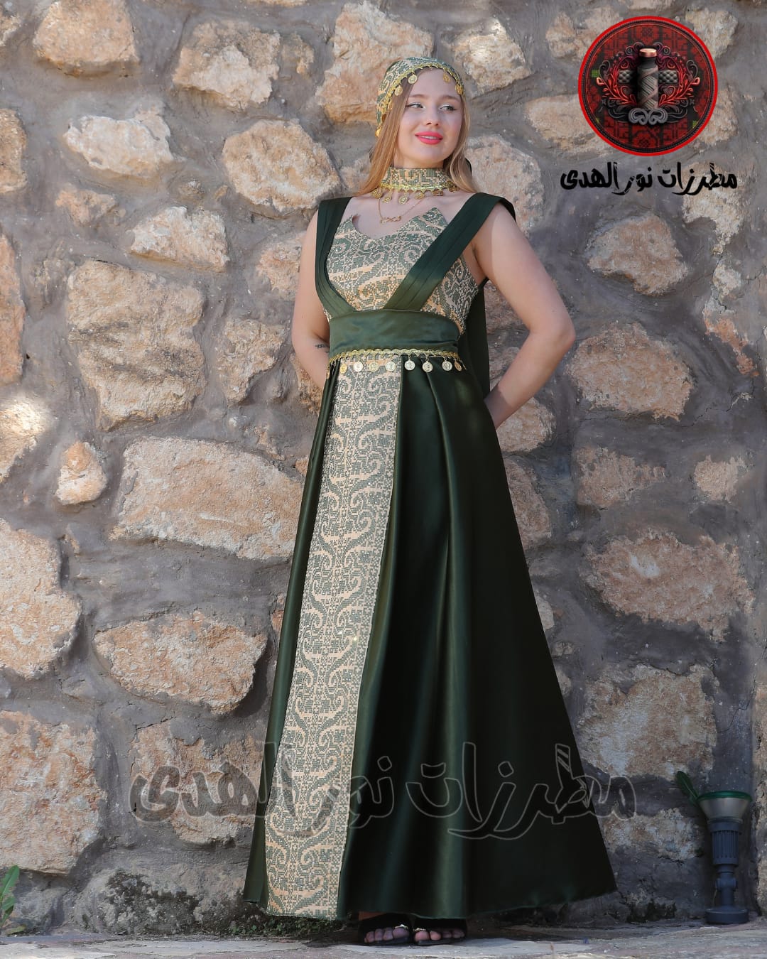 Satin Oriental Embroidered Thobe with Draped Veil Styling and Gold Coin Accents | Al Sundus Thobe