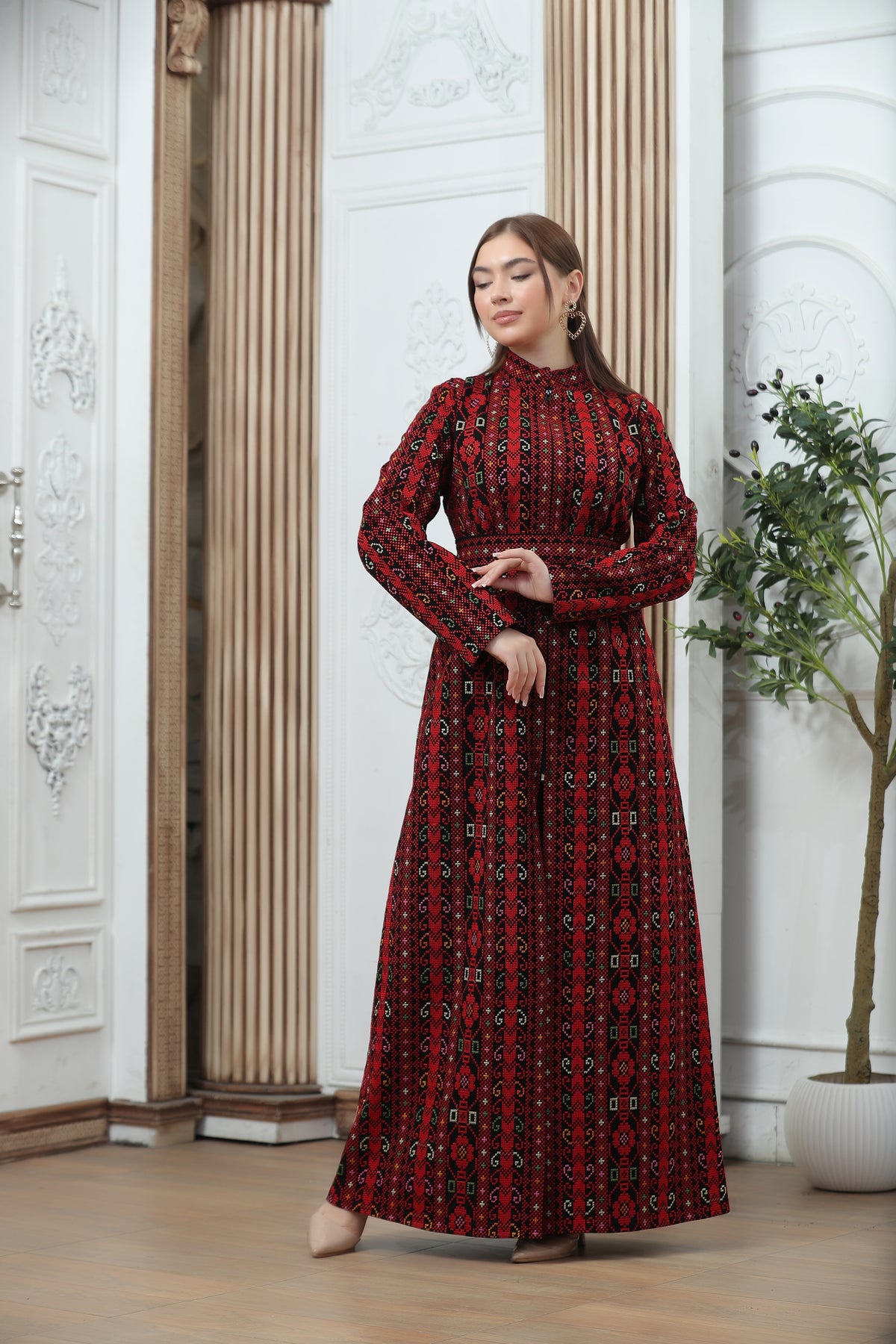 Red Embroidered Tales Kaftan – Elegant Palestinian-Jordanian Heritage Design