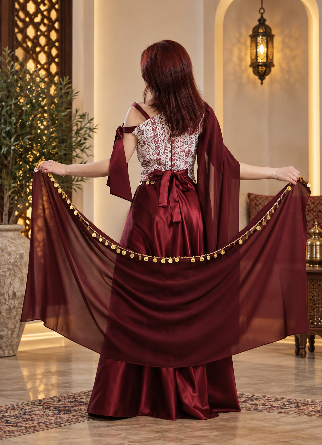 Burgundy Palestinian Embroidered Satin Dress – Elegant Heritage Evening Gown