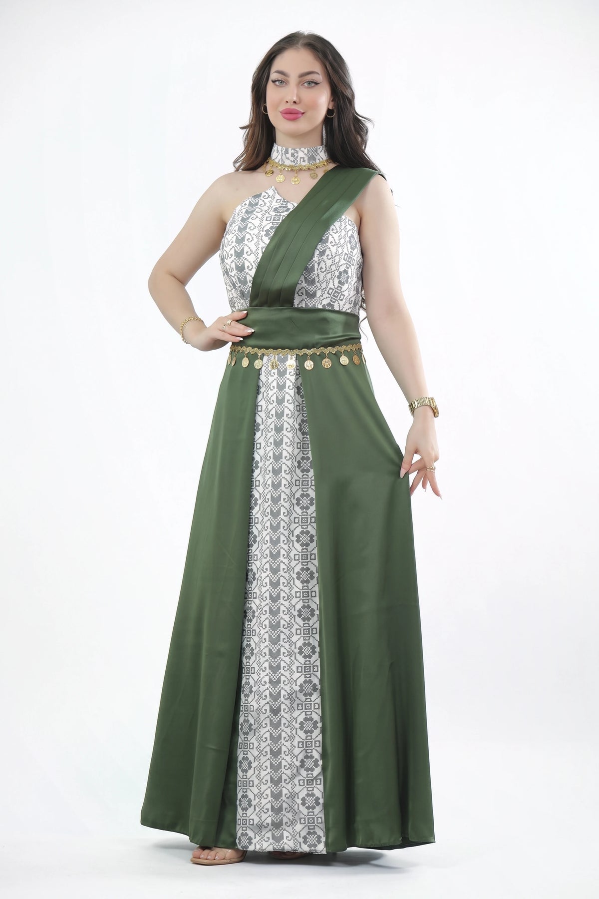 Luluat Al-Henna Dress - Olive Green on white studio background
