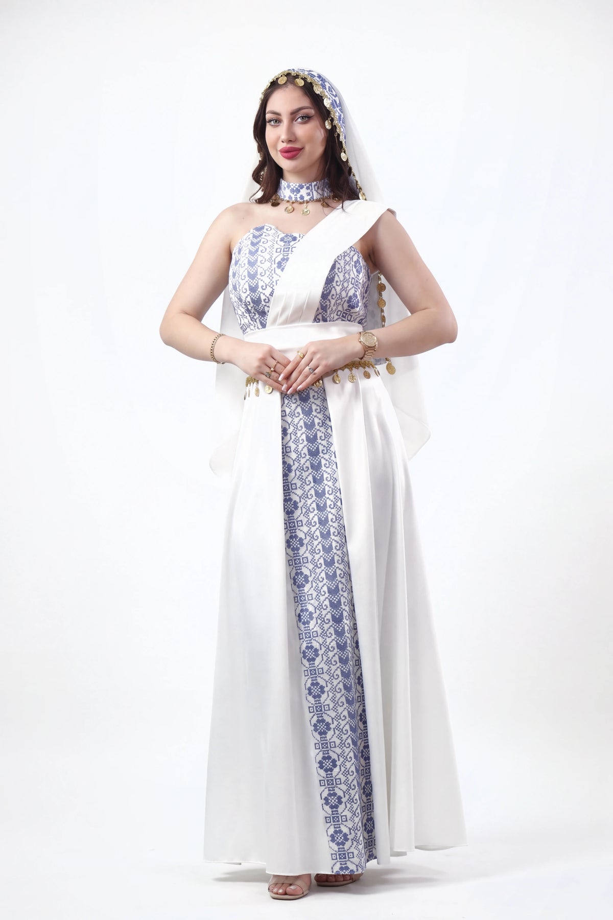Luluat Al-Henna Dress - White with Indigo Blue on white studio background