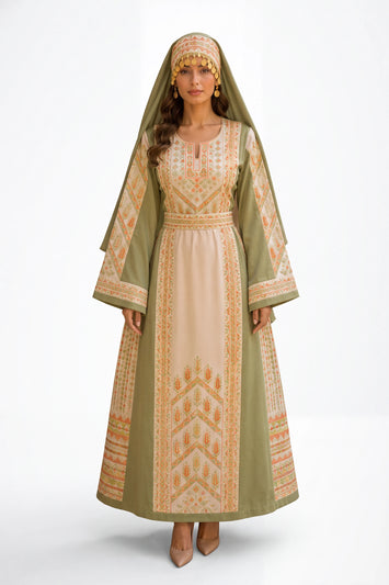 Palestinian Satin Embroidered Thobe - Beige with light green on white studio background
