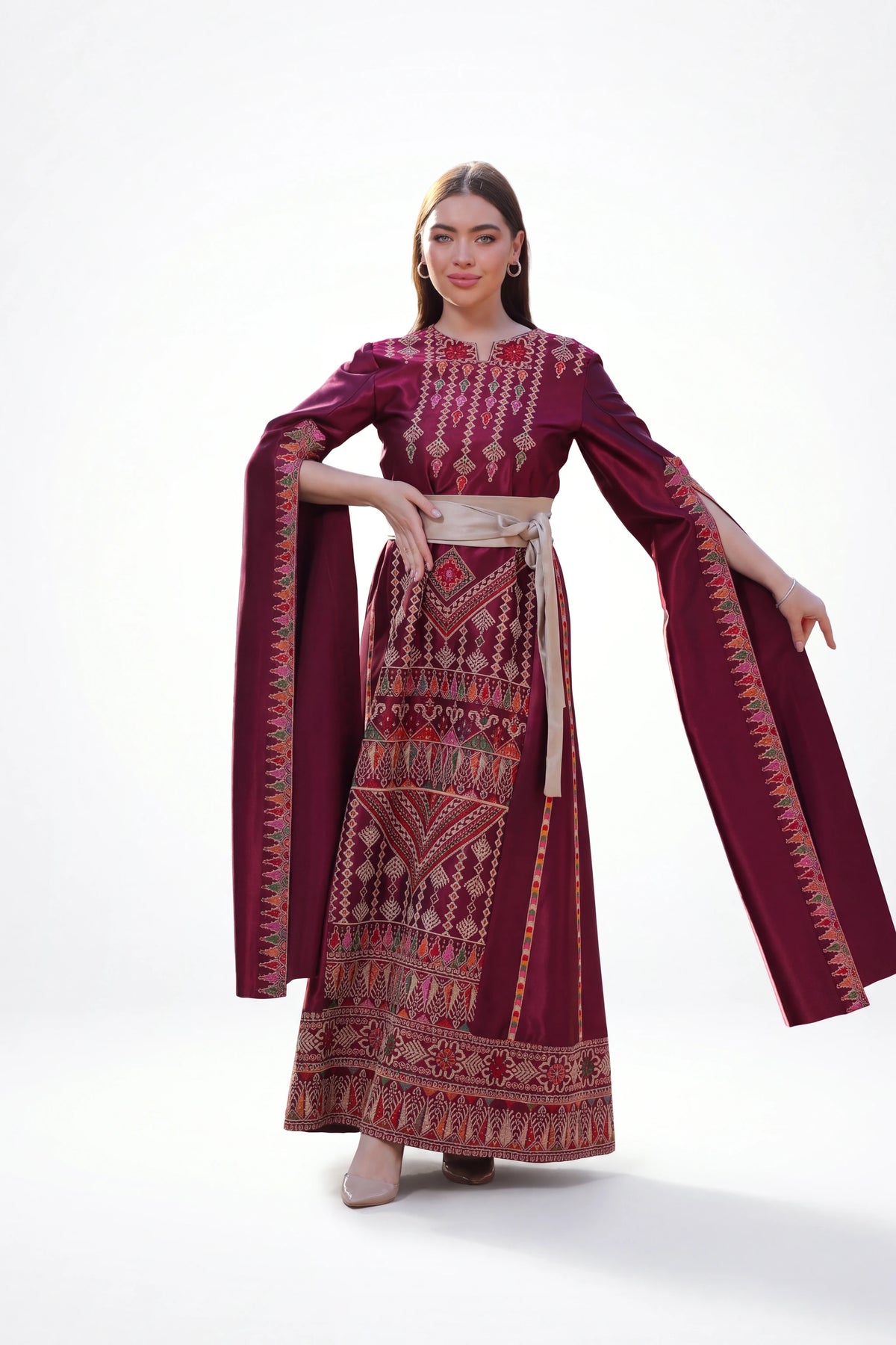 Qaftan Al Motaraz - Burgundy on white studio background