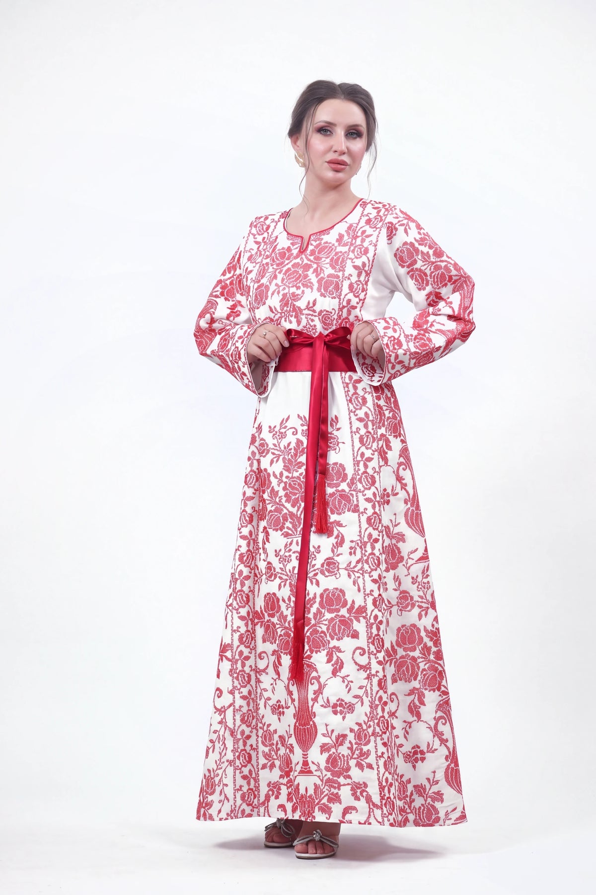 Elegant Traditional Embroidered Dress - Timeless Heritage Collection - Red on white studio background