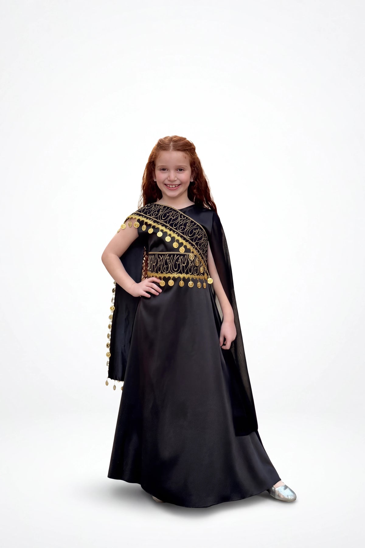 Shoulder Kids Dress - Black with gold on white studio background