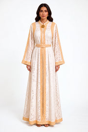 Staty Lace Caftan - White with gold on white studio background