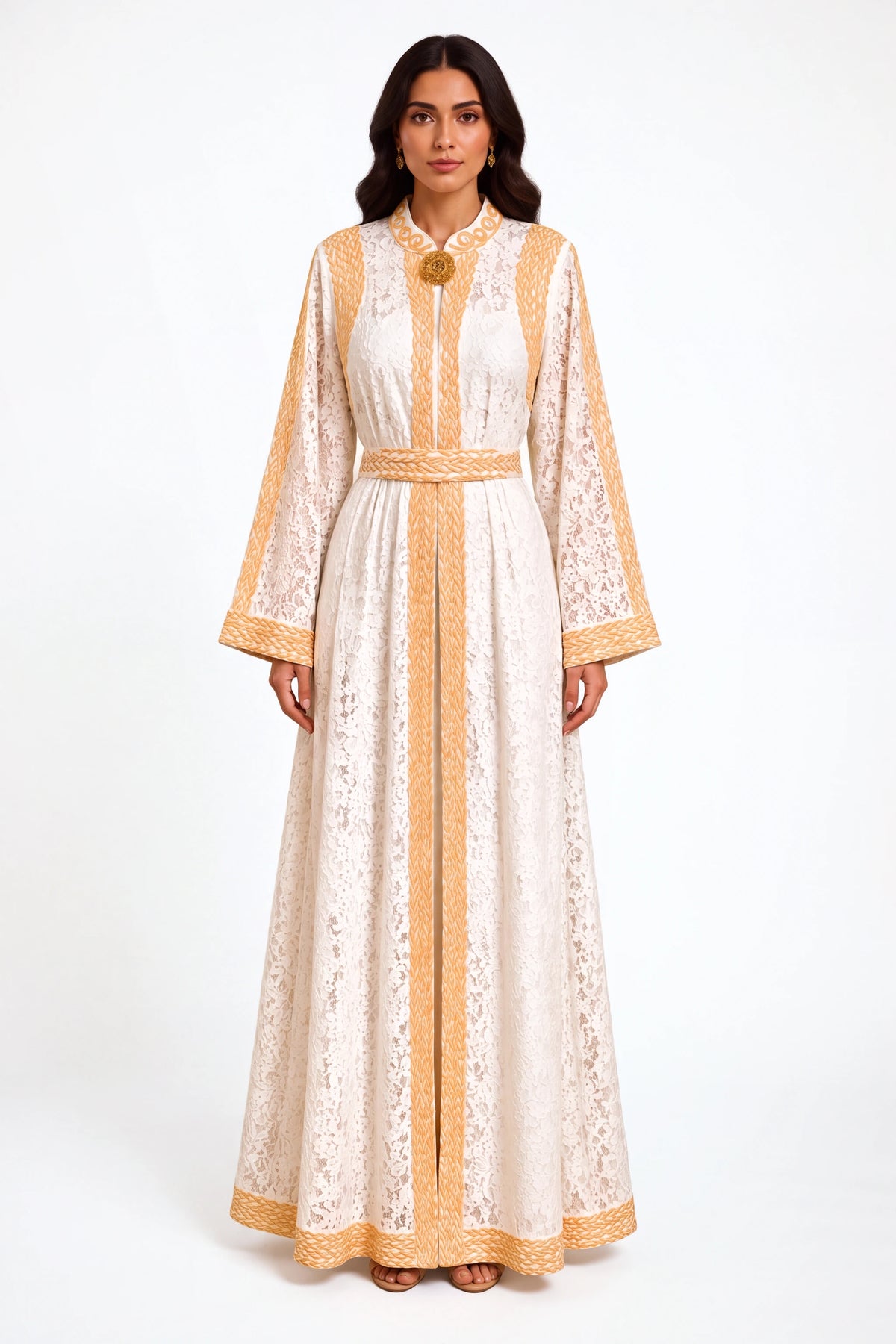Staty Lace Caftan - White with gold on white studio background