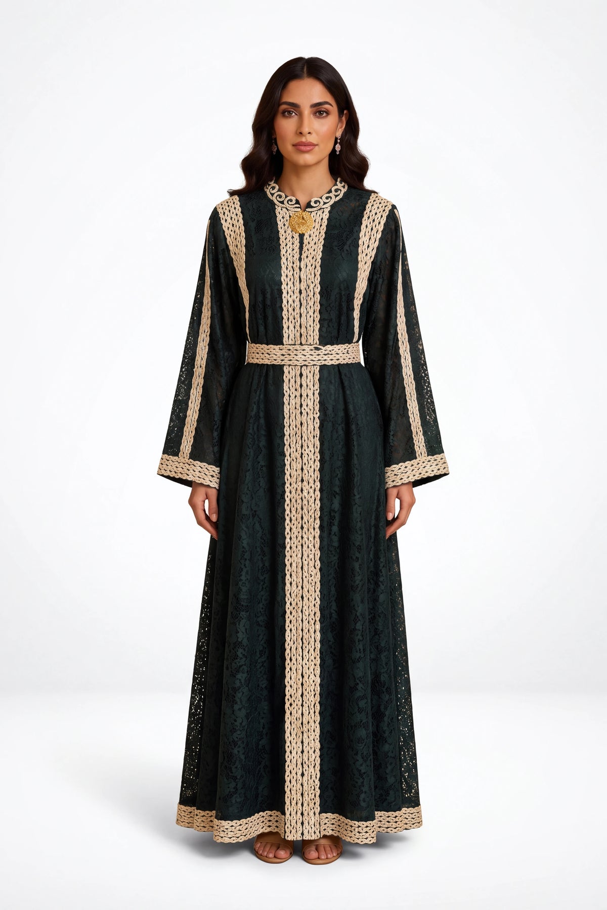 Staty Lace Caftan - Deep Green on white studio background