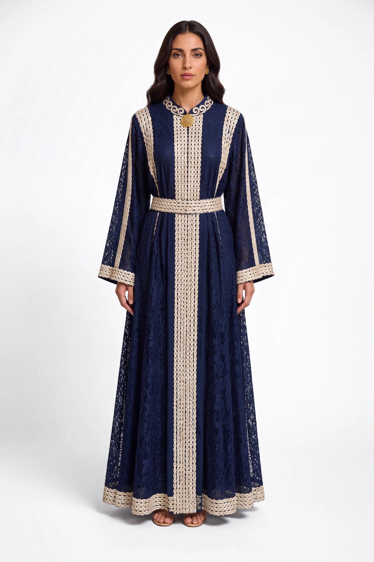 Staty Lace Caftan - Navy Blue on white studio background