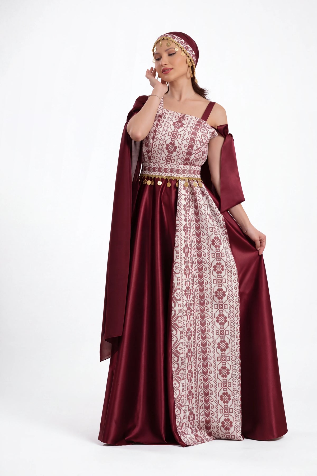 Burgundy Palestinian Embroidered Satin Dress - Elegant Heritage Evening Gown on white studio background