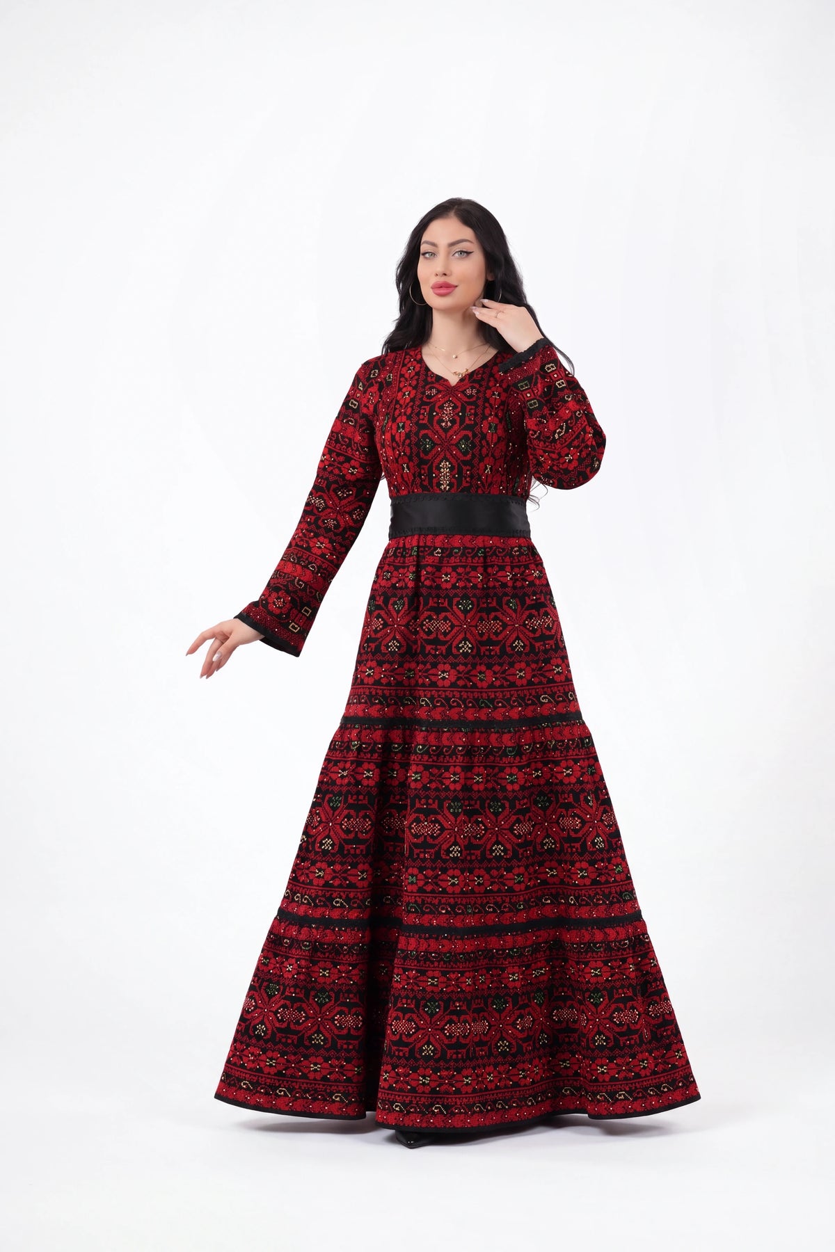 Elegant Red & Black Palestinian Embroidered Maxi Dress - Traditional Heritage Evening Dress on white studio background