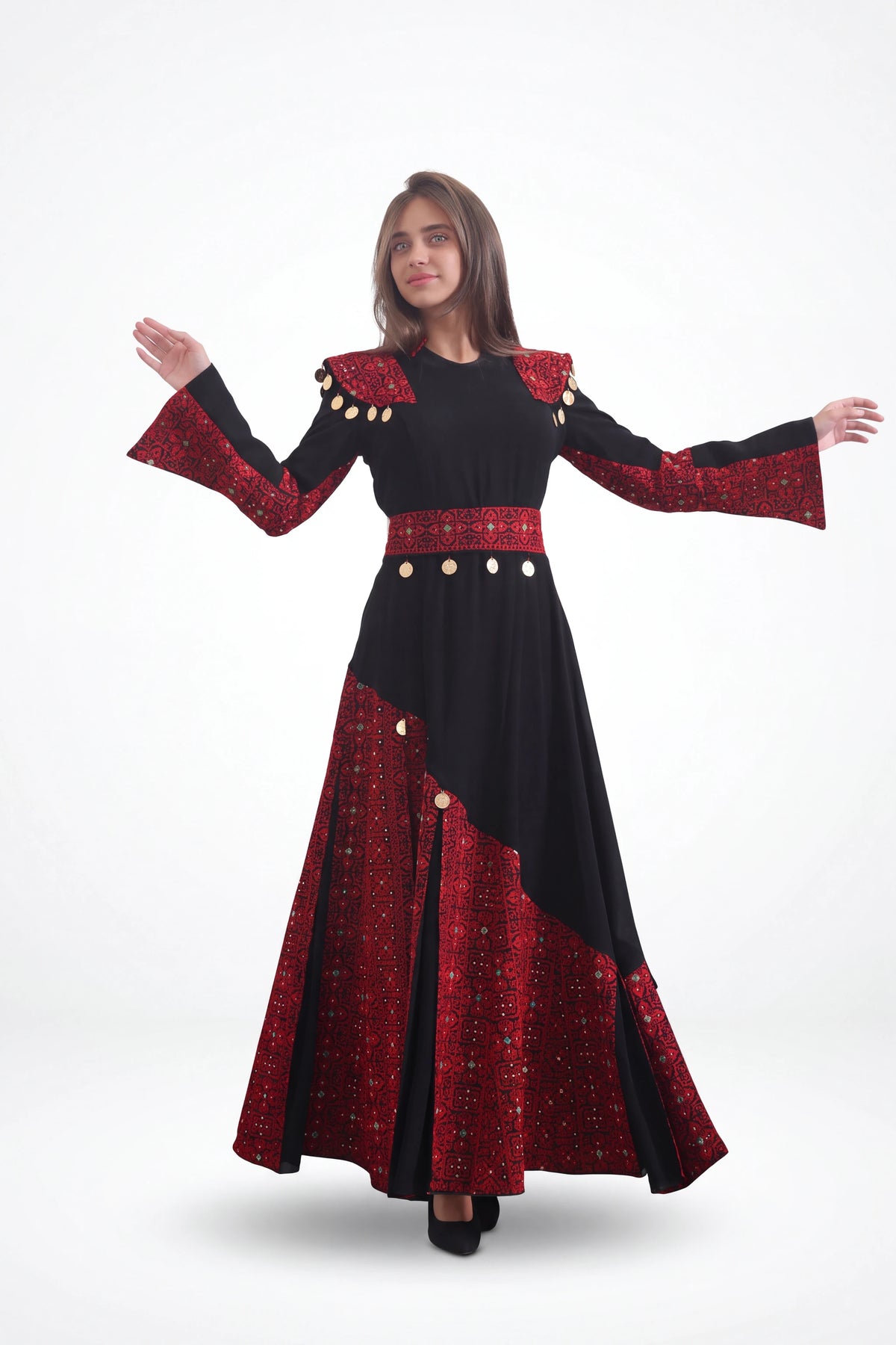 Elegant Traditional Embroidered Maxi Dress - Heritage-Inspired Women-s Dress on white studio background