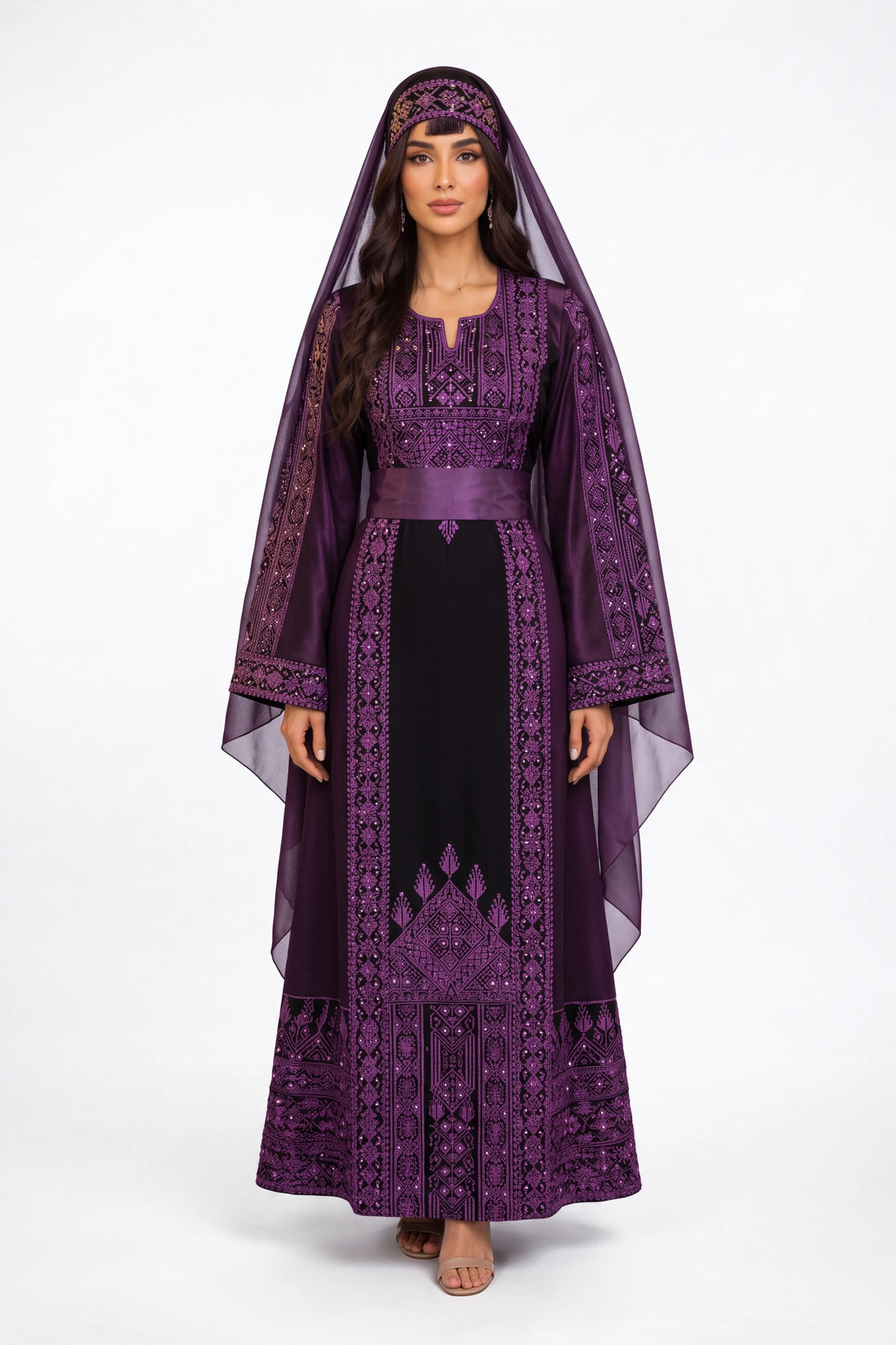 Luxury Palestinian Embroidered Heritage Dress with Matching Head Cover on white studio background