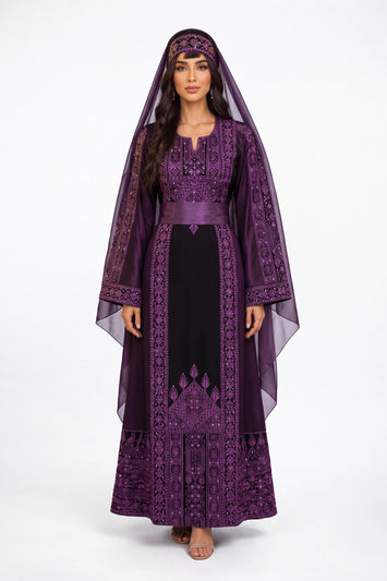 Luxury Palestinian Embroidered Heritage Dress with Matching Head Cover on white studio background