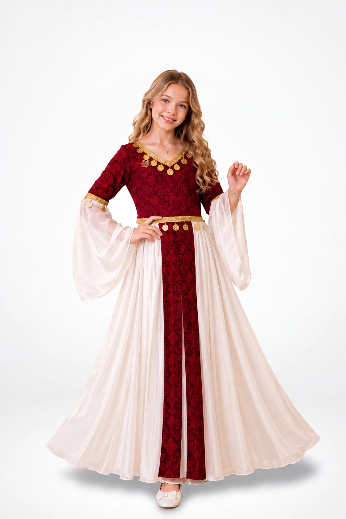 Girls Oriental Embroidered Chiffon Dress with Coin Details | Muhayyar Kids Dress