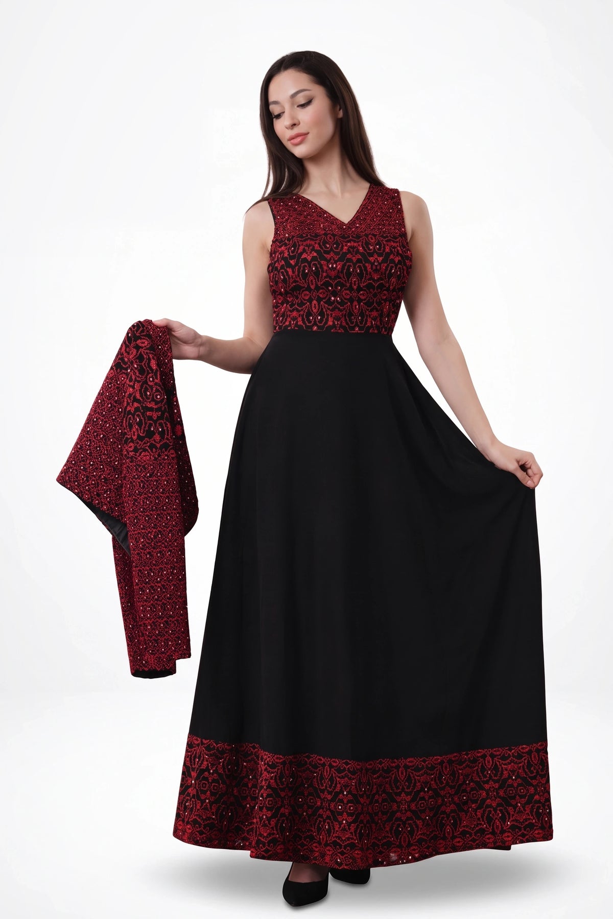 Sali Embroidered Palestinian Thobe - Black on white studio background