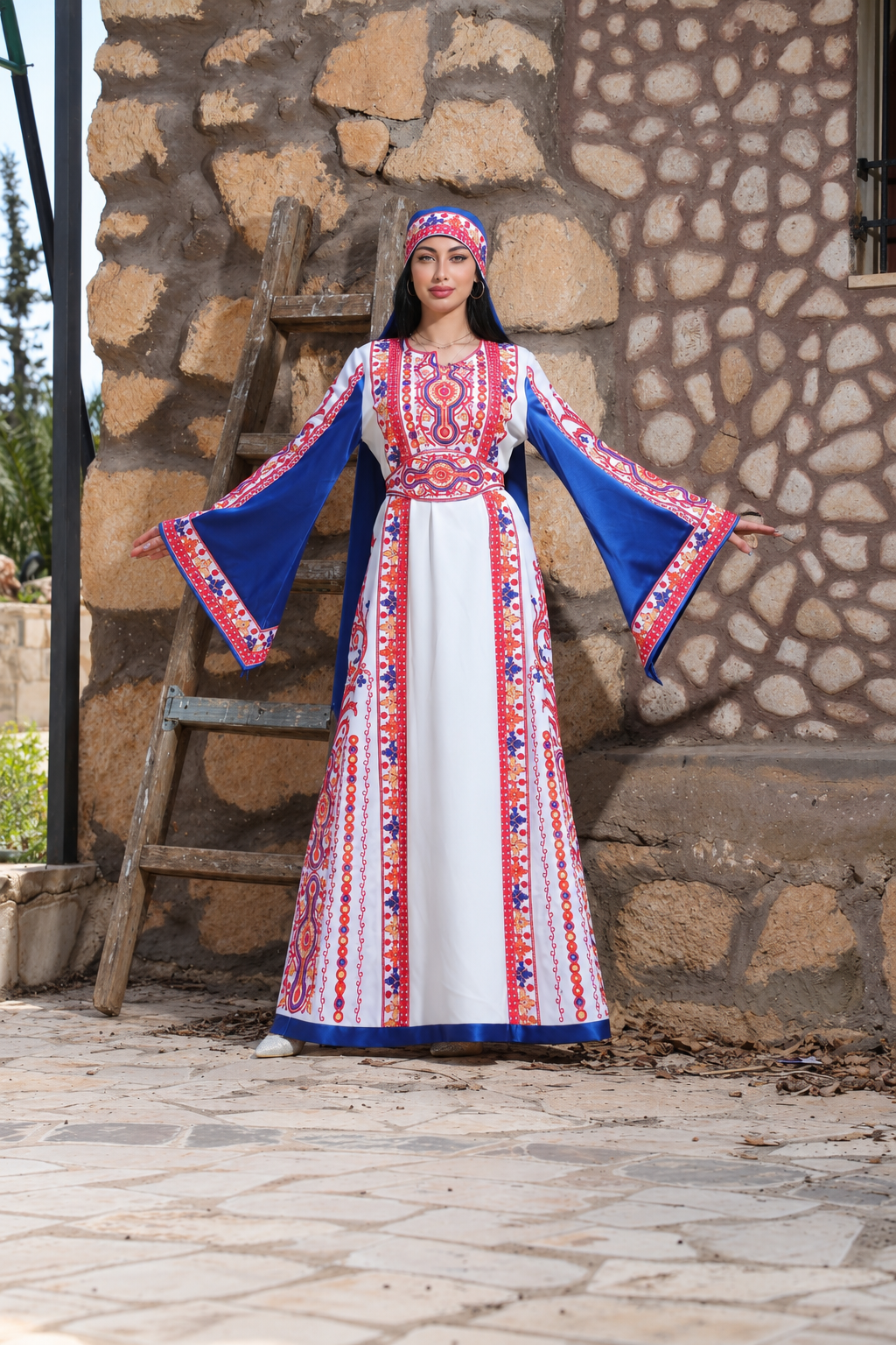 Al Sousana – Palestinian Embroidered Thobe with Matching Embroidered Headpiece in Aghabani Thread