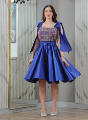 Elegant Embroidered Satin Dress with Statement Bow Straps