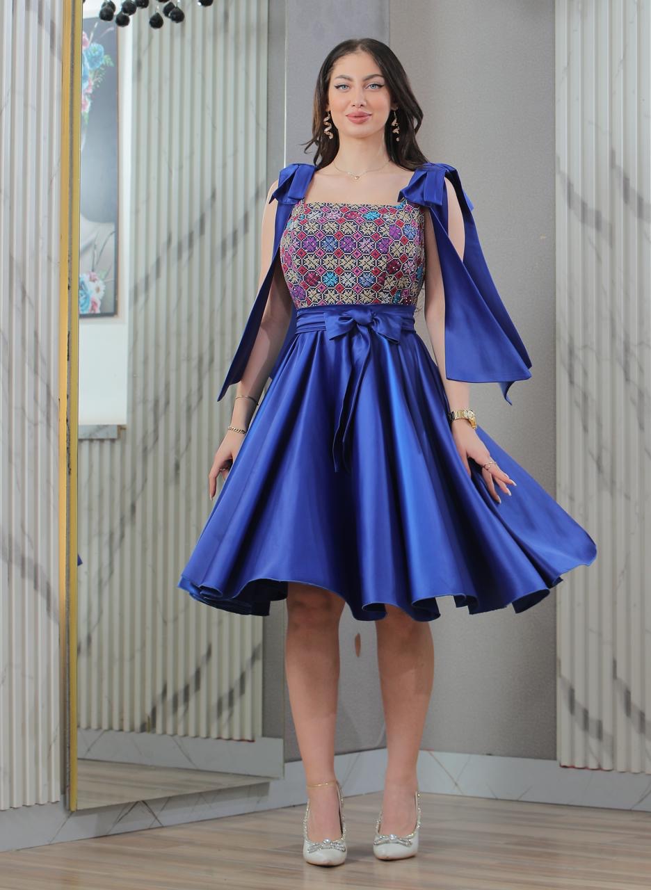 Elegant Embroidered Satin Dress with Statement Bow Straps