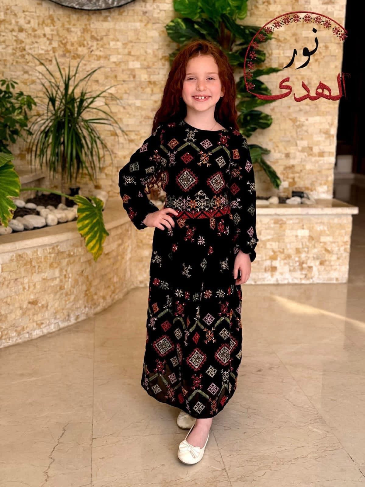 Rose Embroidered Girls’ Traditional Dress – Lined Chiffon Palestinian-Inspired Thobe