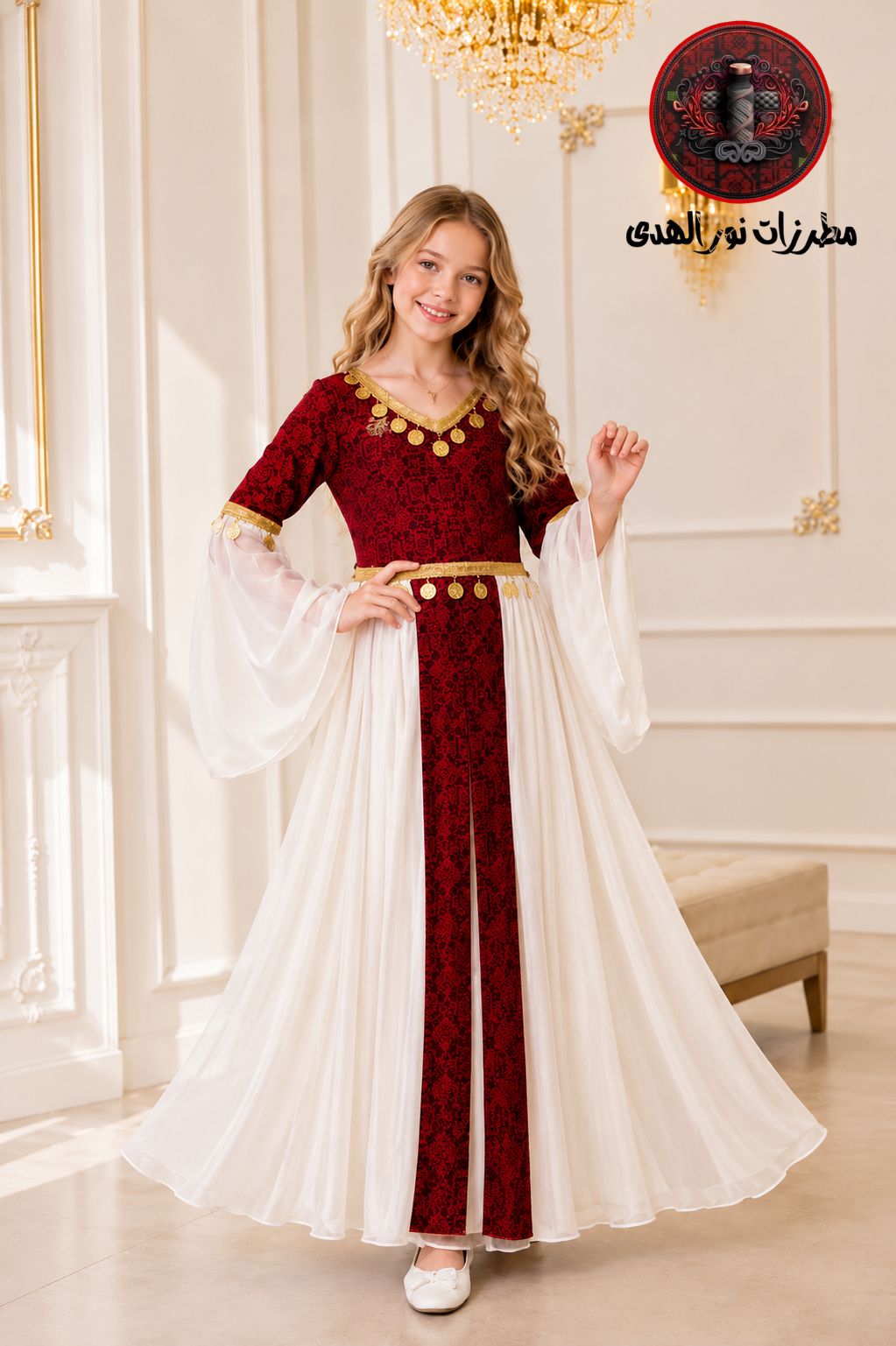 White girls Palestinian embroidered chiffon dress with red Tatreez-inspired front panel, gold coin details, and flowing sleeves