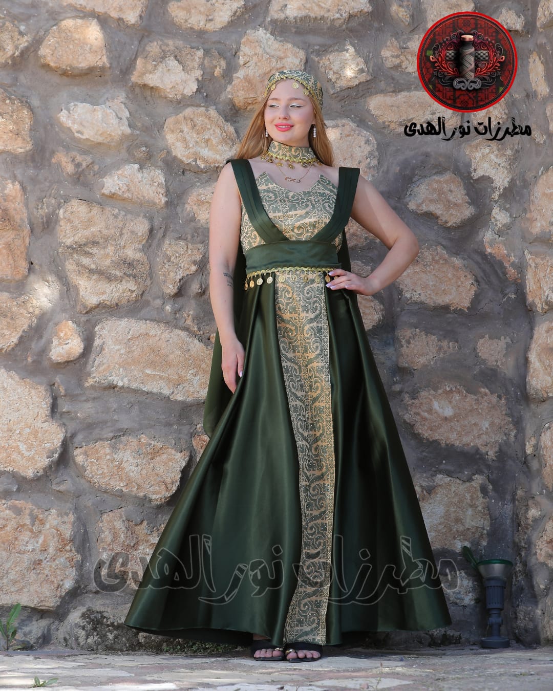 Satin Oriental Embroidered Thobe with Draped Veil Styling and Gold Coin Accents | Al Sundus Thobe