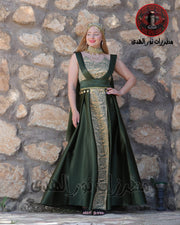 Satin Oriental Embroidered Thobe with Draped Veil Styling and Gold Coin Accents | Al Sundus Thobe
