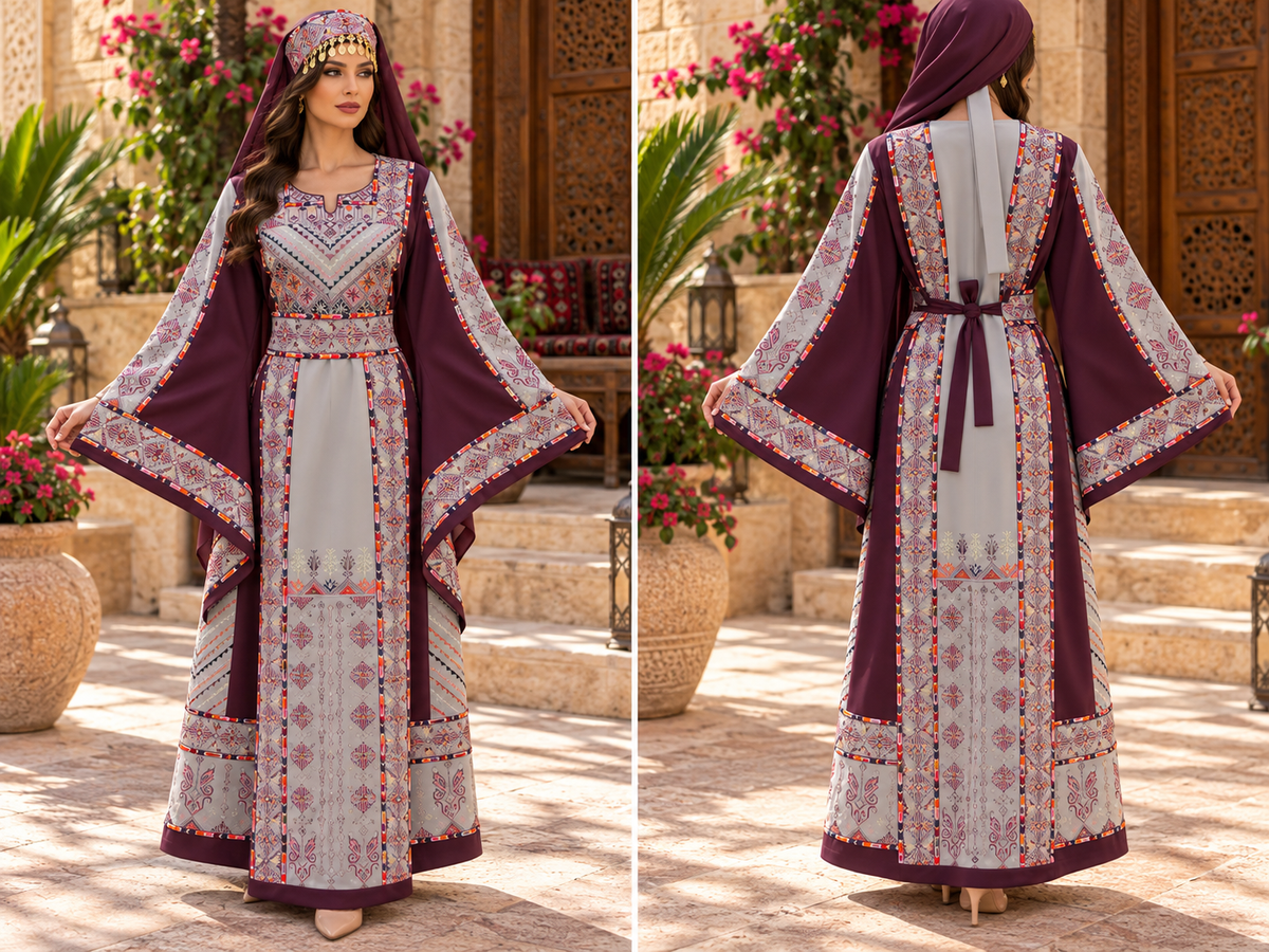 Palestinian Statati Embroidered Dress – Premium Barbie Fabric with Matching Headpiece