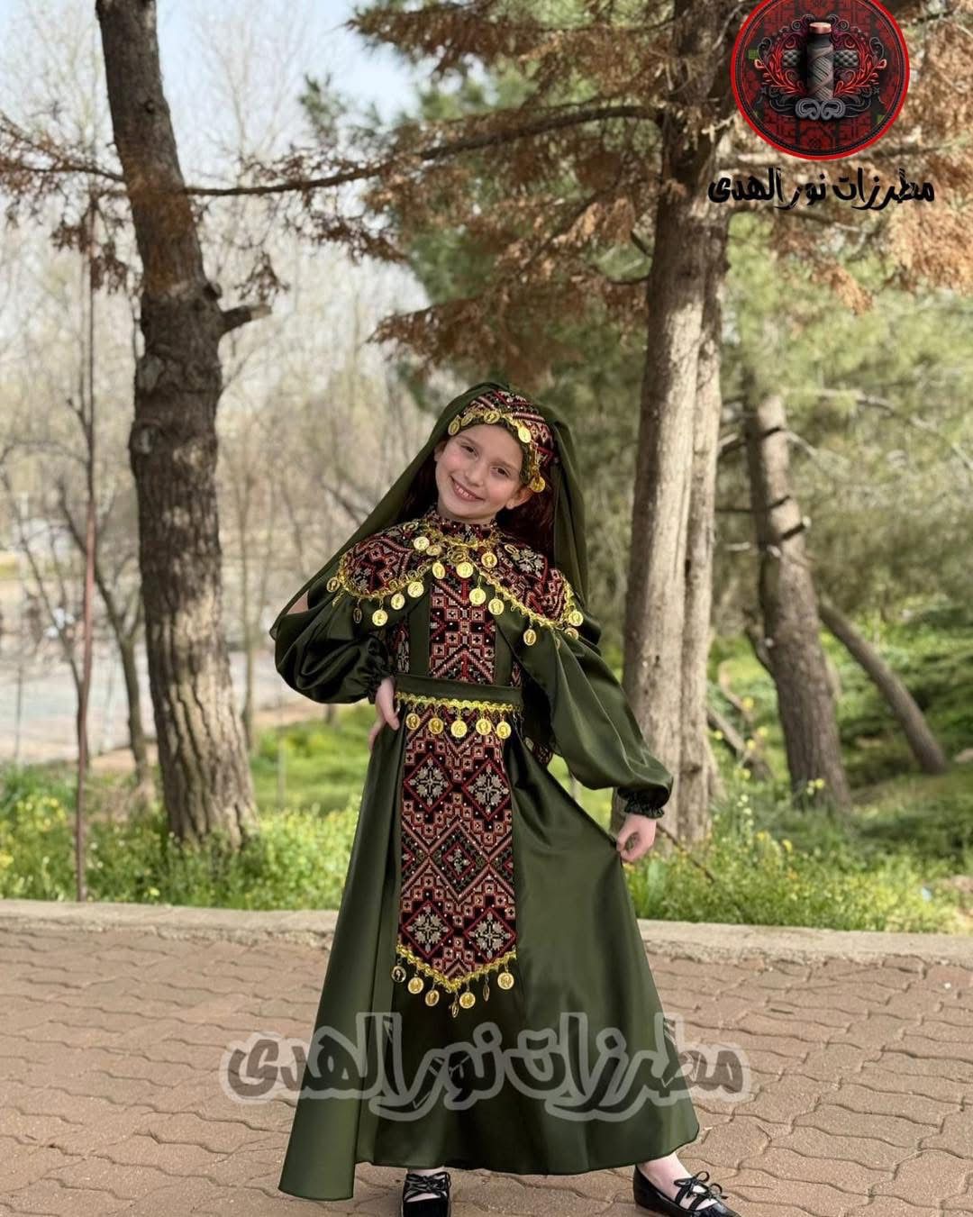 Girls olive green Oriental heritage dress with embroidered shawl and traditional gold coin accents