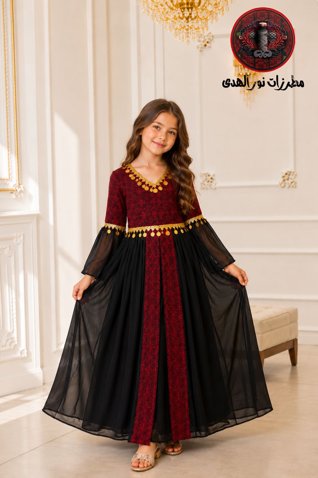 Black Muhayyar Kids Dress with red Oriental embroidery-inspired panel, chiffon overlays, and gold coin trim
