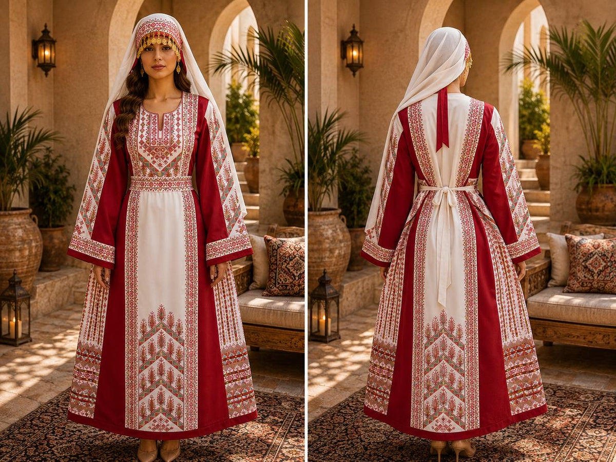 Palestinian Satin Embroidered Thobe | Traditional Palestinian Dress | Authentic Tatreez Heritage Dress