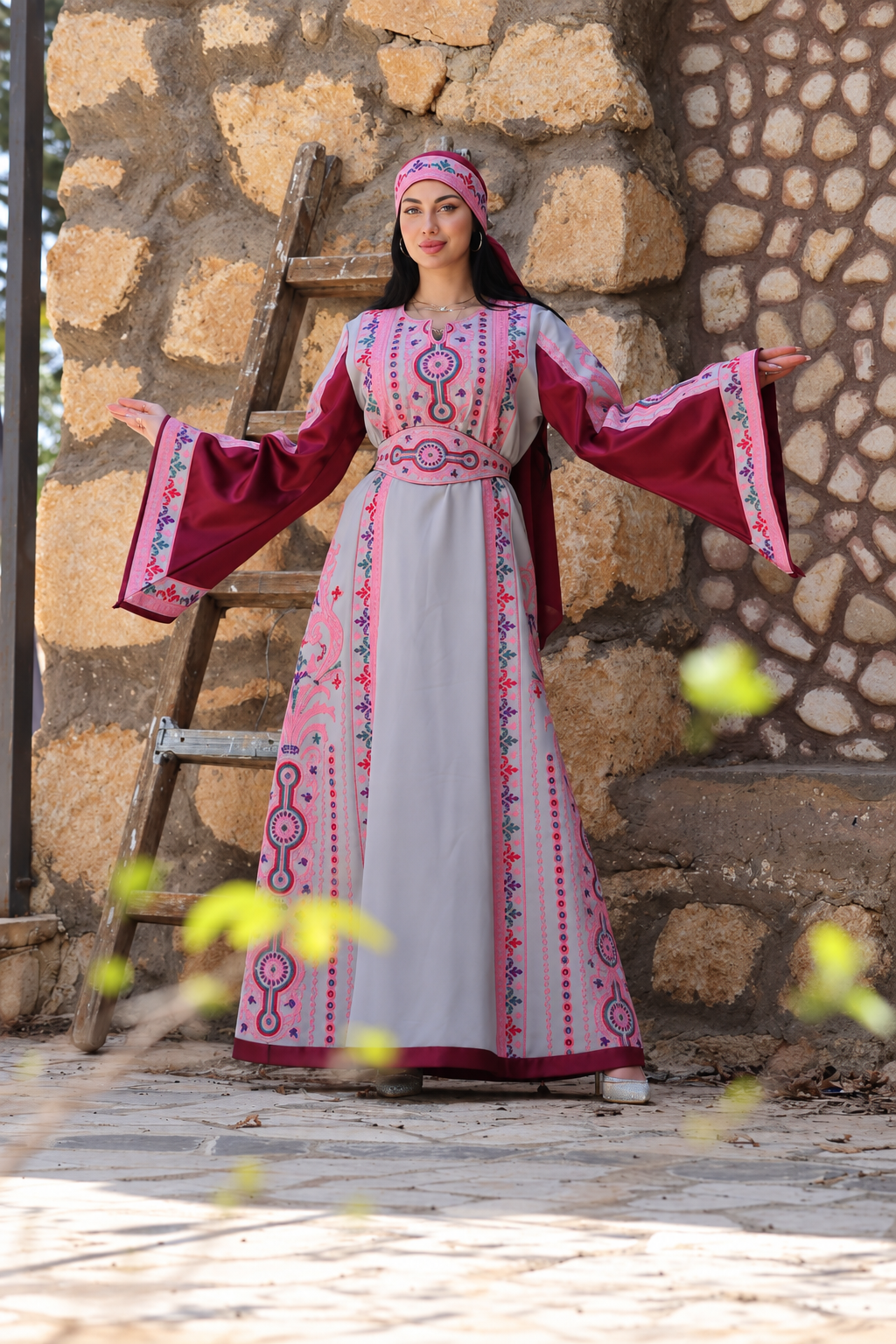 Al Sousana – Palestinian Embroidered Thobe with Matching Embroidered Headpiece in Aghabani Thread
