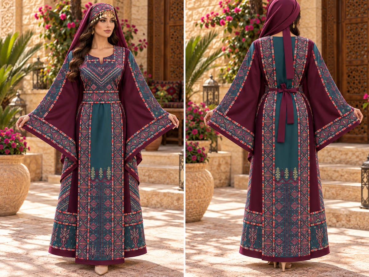 Palestinian Statati Embroidered Dress – Premium Barbie Fabric with Matching Headpiece