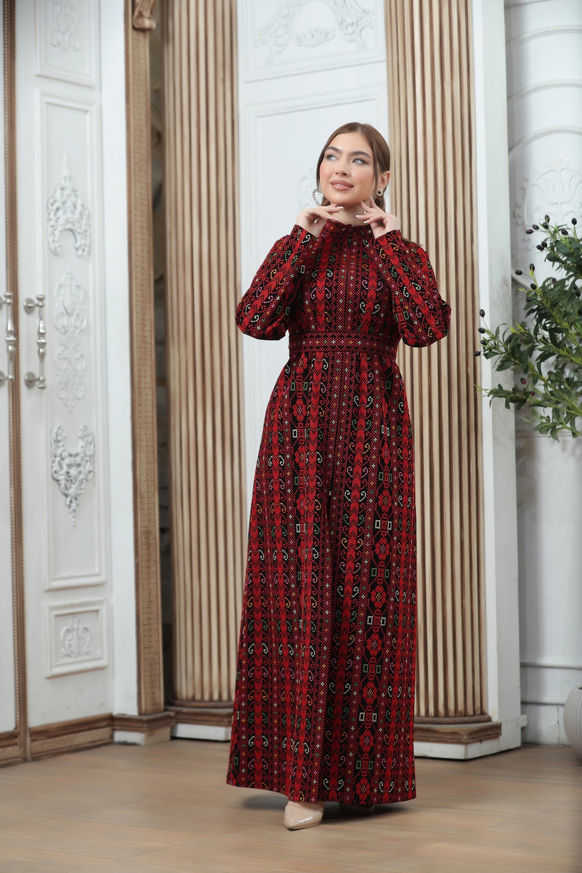 Red Embroidered Tales Kaftan – Elegant Palestinian-Jordanian Heritage Design