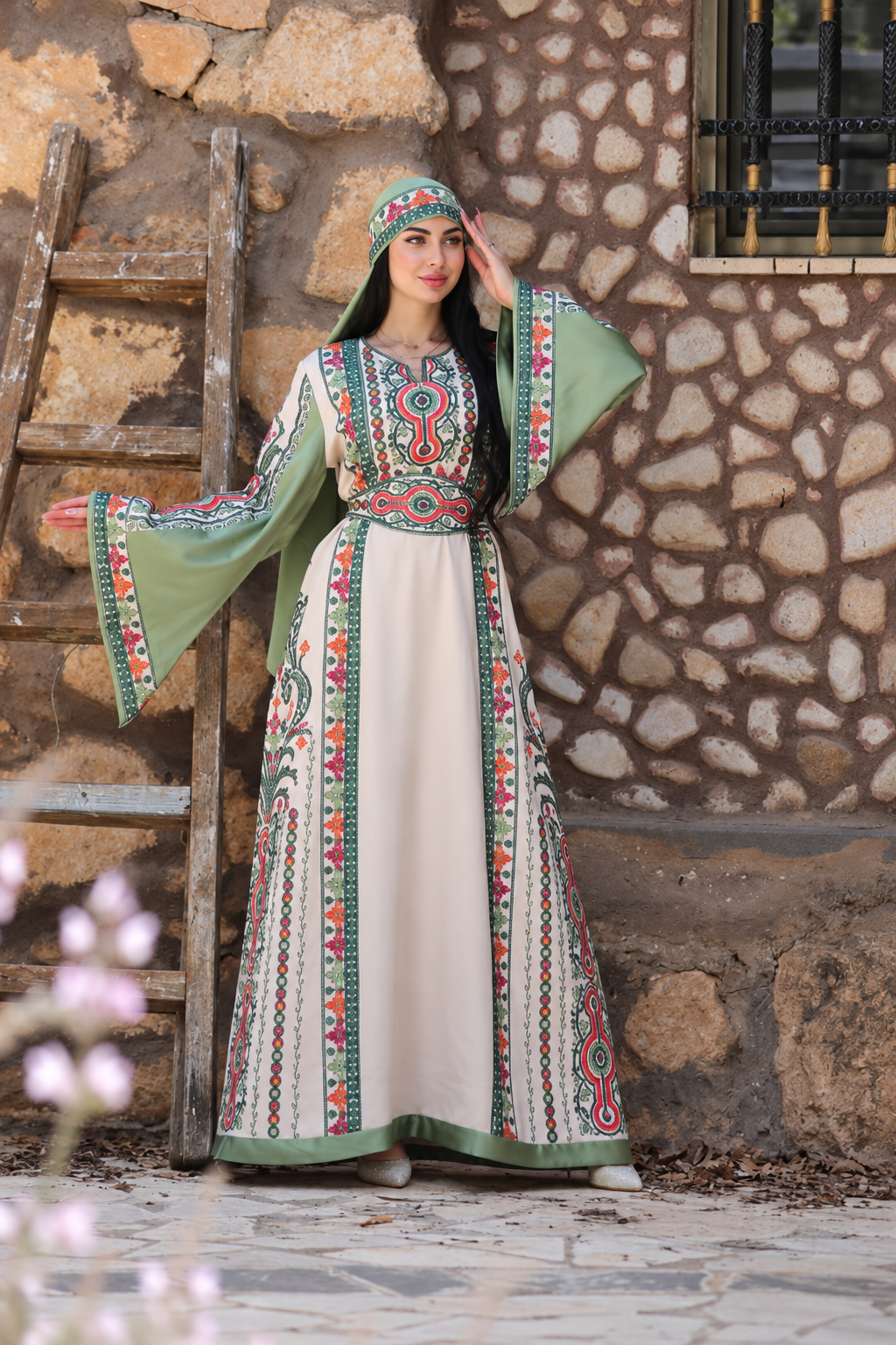 Al Sousana – Palestinian Embroidered Thobe with Matching Embroidered Headpiece in Aghabani Thread